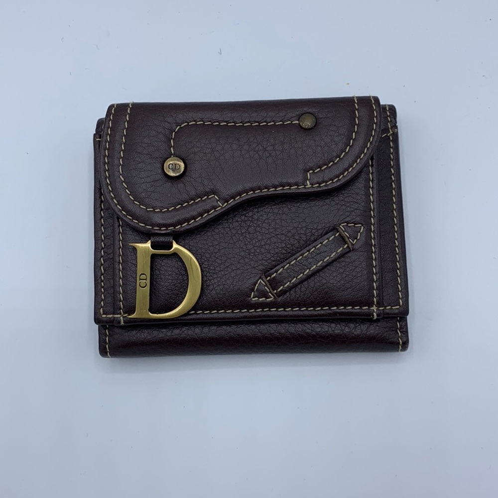 Dior trifold leather saddle wallet brown with gold hardware. 4”W x 3” H